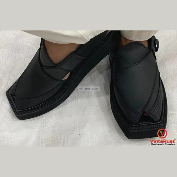 Handmade Black Leather Peshawari Chappal Sandals: Gents Footwear main image 4